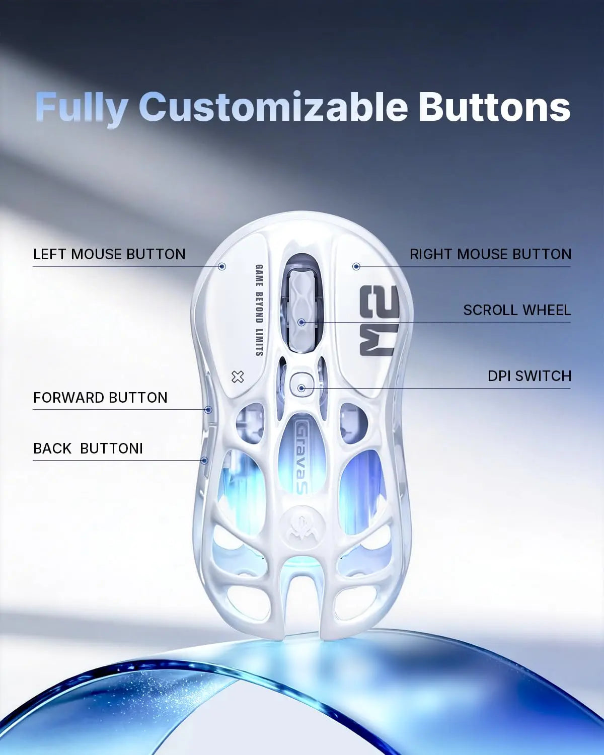 Gravastar Mercury M2 White Wireless Gaming Mouse with 26,000 DPI, PAW3395DM Sensor -79G Lightweight Hollowed-Out Design -5 Programmable Buttons -5 Dynamic Lightsync RGB (White)