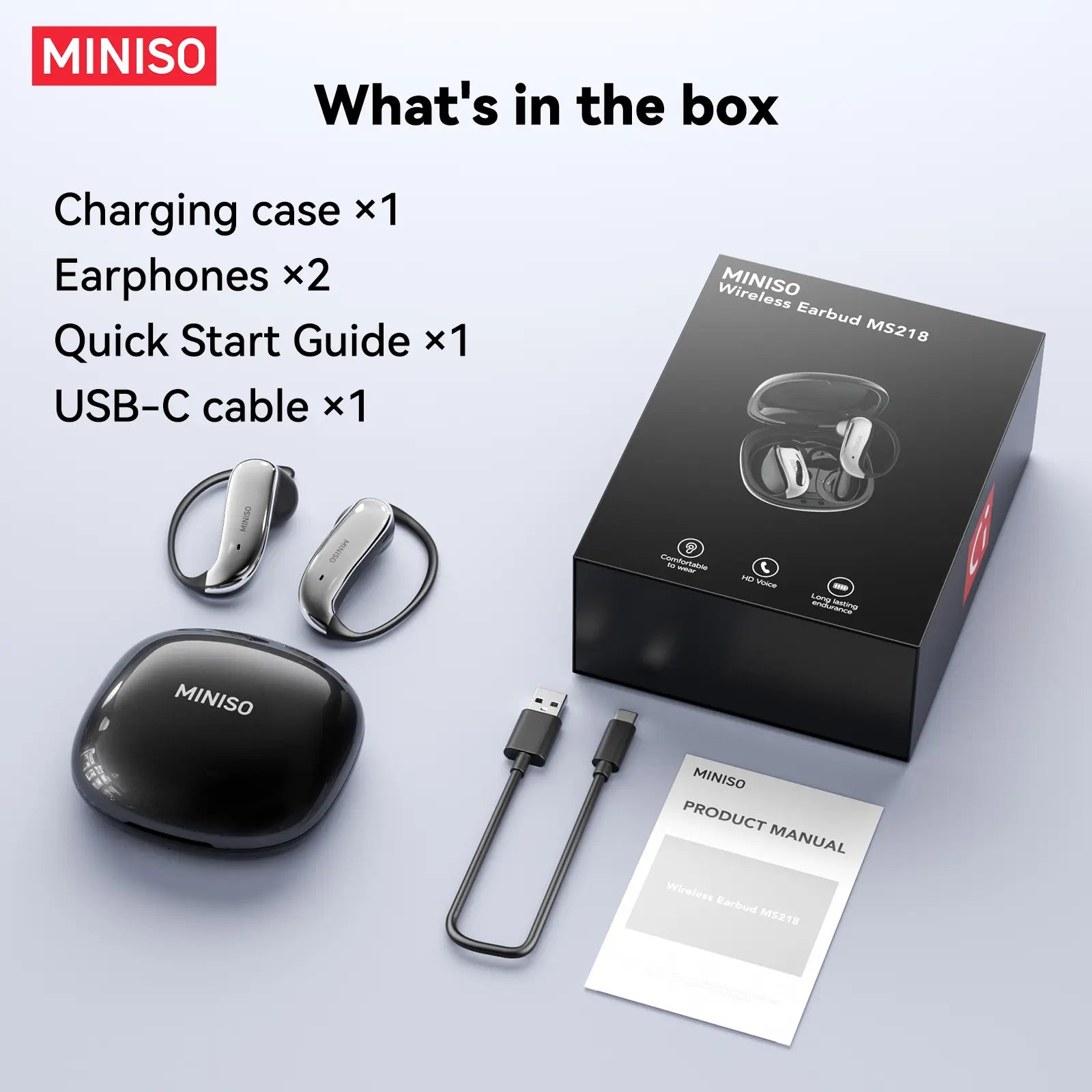 MINISO MS218 OWS - Bluetooth Earphones (6.0), IPX5 Waterproof, Comes with Charging Case, Built-In Microphone. NC Noise Cancellation, Comfortable Fit, Excellent Sound Quality. Three-Month Warranty! Suitable for Office Work, Sports, Study, and Voice Calls.