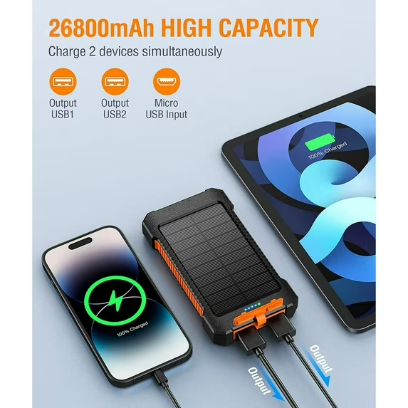 26800mAh Solar Power Bank – The Ultimate Portable Charger for All Your Outdoor Adventures!